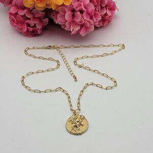 Gold Tone Embossed Birth Flower Pendant Necklace 21" Oval Link Chain Minimalist
